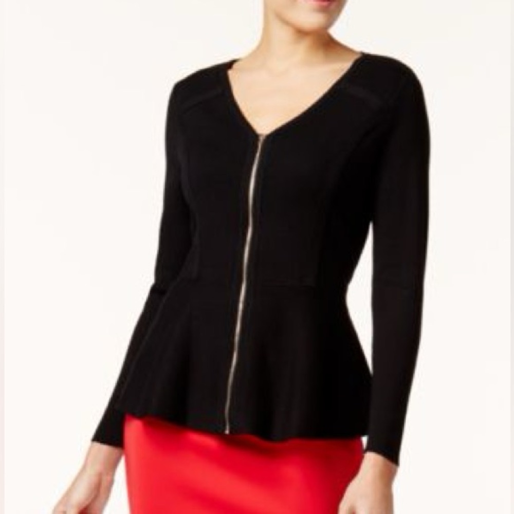 INC International Concepts Black Knit Zip Cardigan Sweater with Peplum, Sz 1X
